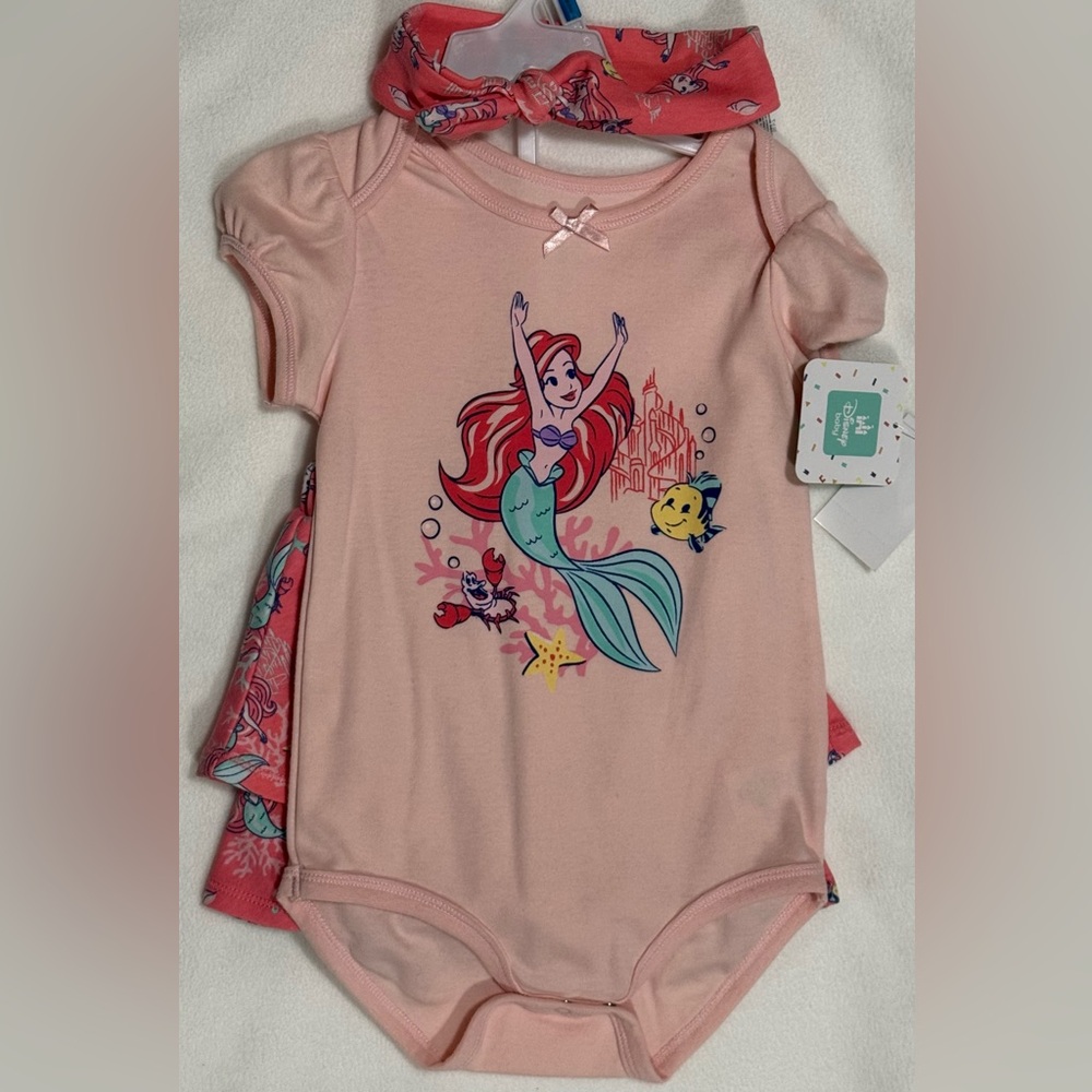 Disney Baby 24M Girl 3-Pc Set - Coral Peach Baby Bodysuit W/Ariel Skirt Headband
